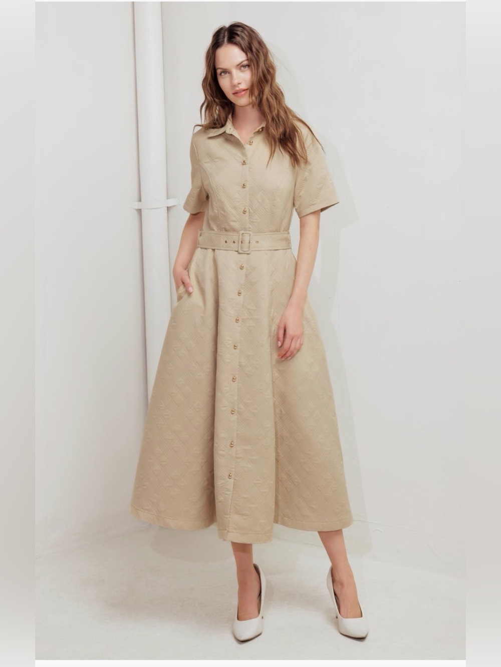 NWOT FREEMARKET Diamond Stitched A-Lined Dress in Taupe 
Size Medium